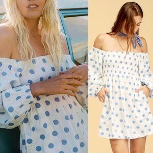 Billabong x Wrangler Bellflower Ruched Polka Dot Puff Sleeve Summer Mini Dress